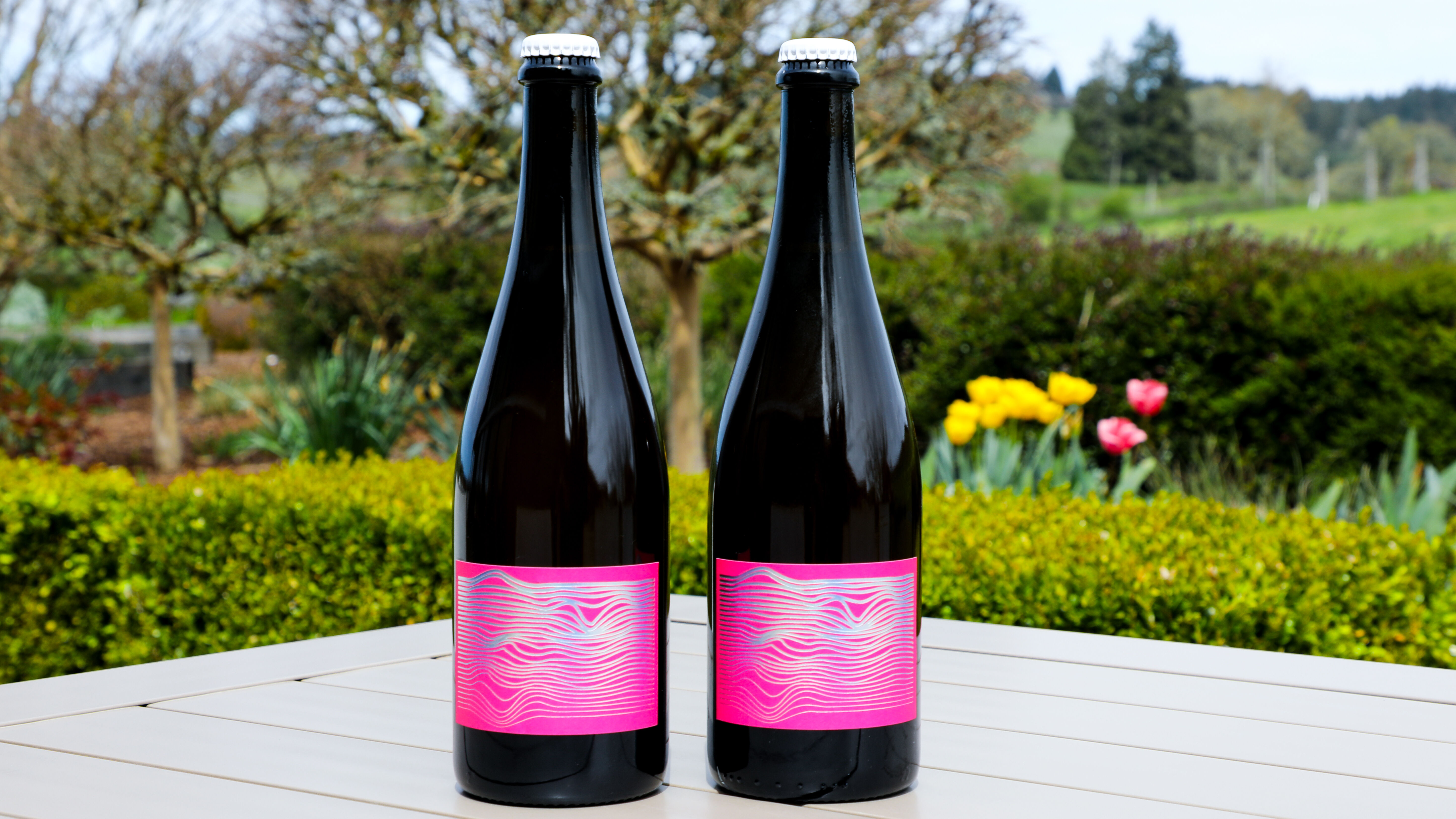 2 bottles of Gran Moraine LASOW on table in front of yellow and pink garden flowers.